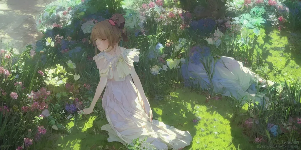 Image similar to a depressed digital art, loli in dress, garden, green and warm theme, blue accents, back lighting, highly detailed, 4 k resolution, trending on art station, by krenz cushart and mucha and akihito yoshida and greg rutkowski and makoto shinkai