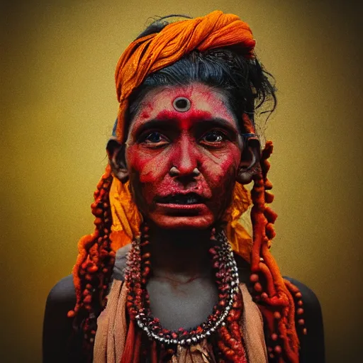 Prompt: realistic exposed expired fuji film portrait of aghori tantrik india woman, tentacled creature mix, marigold celestial vibe, hyperrealism, hypermaxiymalism, photorealistic, detailed, atmospheric, 8 k, award winning photography, cinematic