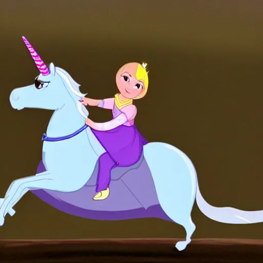 Prompt: a princess from a cartoon riding a unicorn