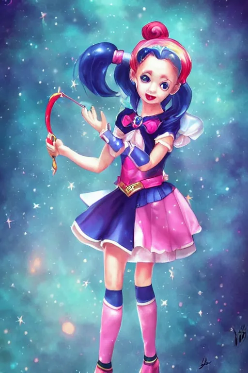 Image similar to a cute little princess inspired by Sailor Moon and Harley Quinn, highly detailed by ross tran, WLOP, artgerm