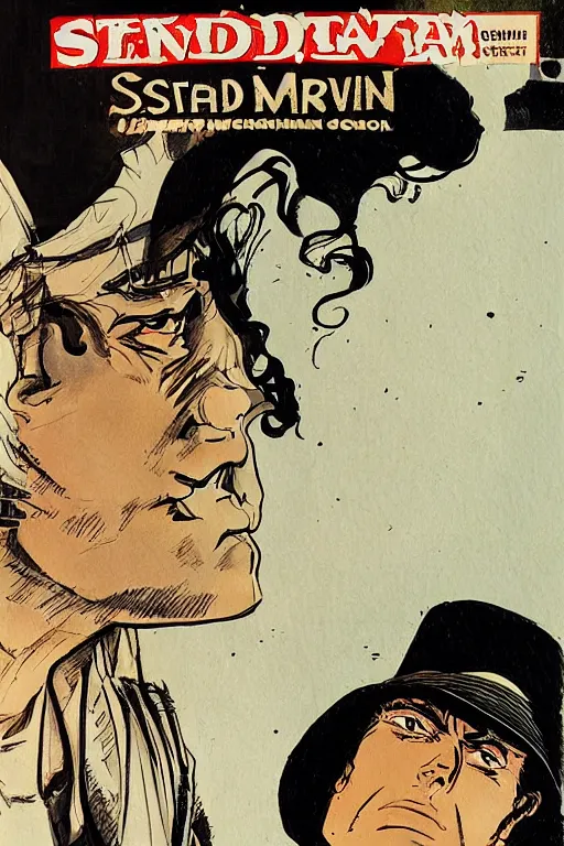 Prompt: sandman dream and corto maltese staring at each other, close up, portraits, comic book cover, art by hugo pratt