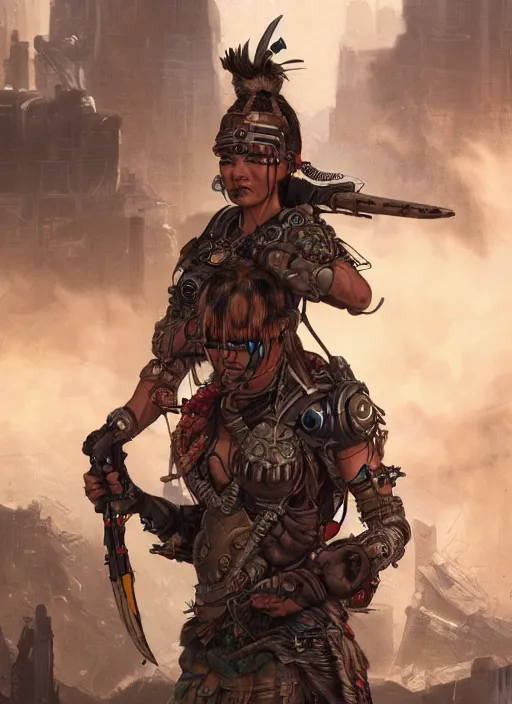 Prompt: hyper realistic photography portrait of postapocalyptic cyberpunk asian cyborg tribal warrior amazon cinematic, brom, mucha, moebius juan gimenez artstation, cgsociety