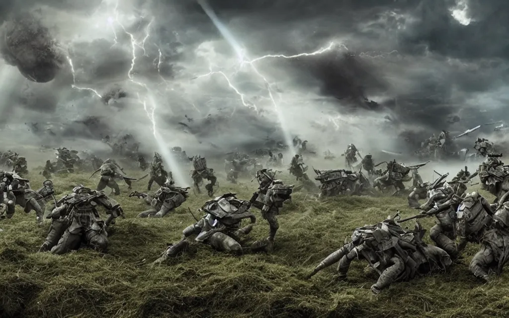 Image similar to fight ww 1 aginst aliens from edge of tomorrow, deep trenches with fortifications, natural landscape, green and blue tones, realistic people, huge ground explosions in the background, alien mothership in the sky, hyper realistic, highly detailed, dramatic lighting, raytarced, god rays, 4 k, 8 k, art by artgem