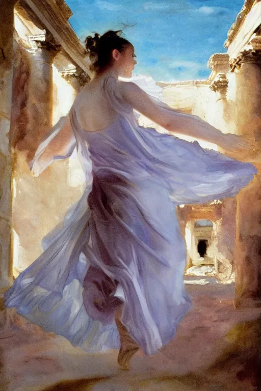 Image similar to ethereal girl dancing amidst ancient ruins in the style of john singer sargent