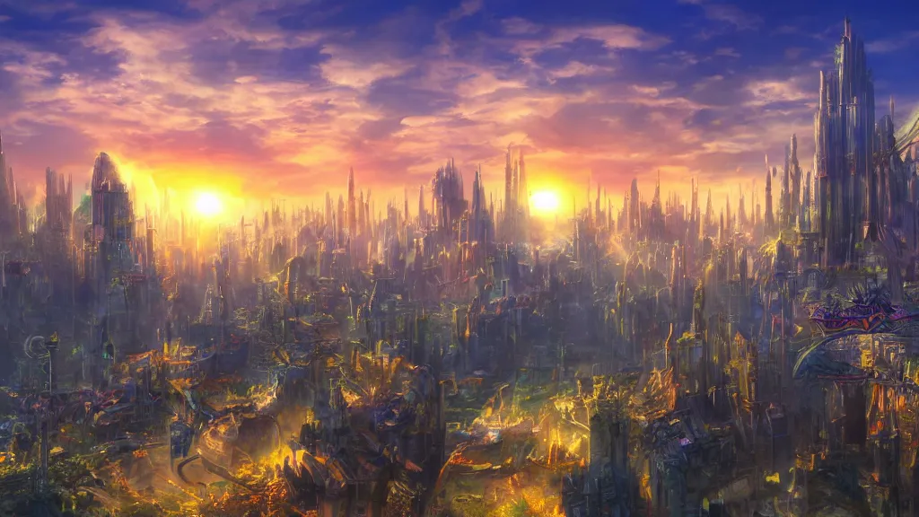 Image similar to sunrise over a fantasy city