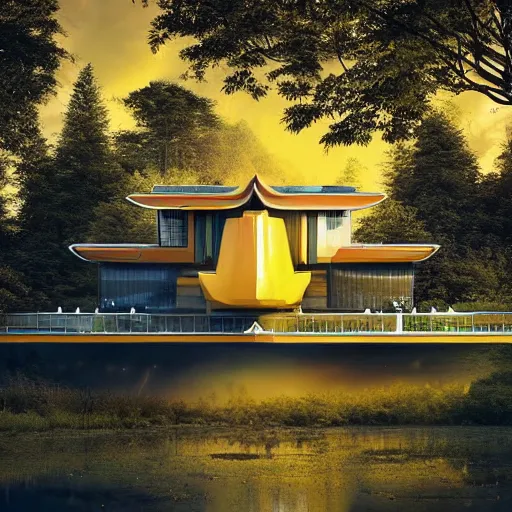 Image similar to futuristic house inspired by a tibetan palace between big trees, yellow clouds, dramatic lighting, artstation, matte painting, raphael lacoste, simon stalenhag, frank lloyd wright, zaha hadid