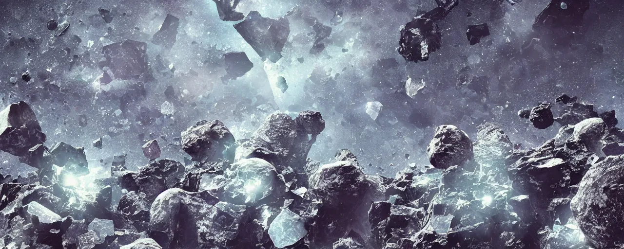 Prompt: ” asteroids made of diamonds and blood, [ bubbles, shards, facets, by michael whalen, cinematic, detailed, epic, widescreen, opening, establishing, mattepainting, photorealistic, realistic textures, octane render ] ”