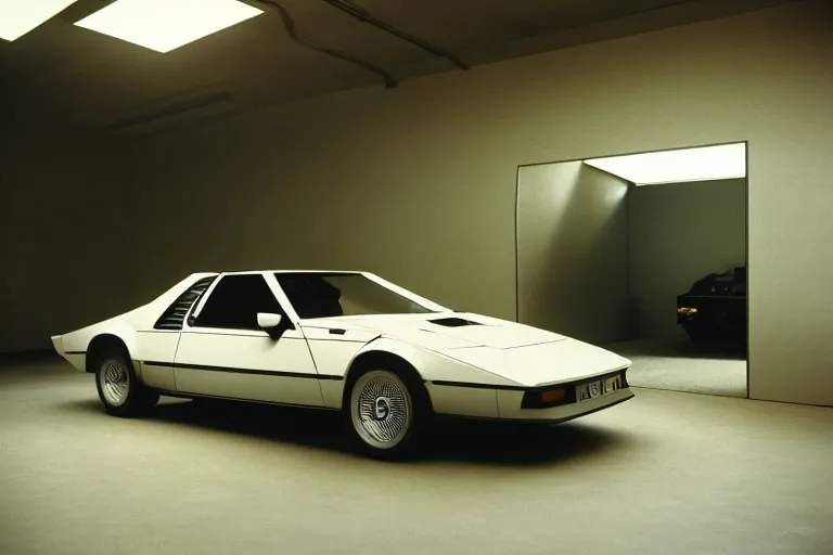 Prompt: 1984 wedge shaped sports car, BMW M1 Lincoln Continental, inside of a minimalist Tokyo garage, ektachrome photograph, volumetric lighting, f8 aperture, cinematic Eastman 5384 film