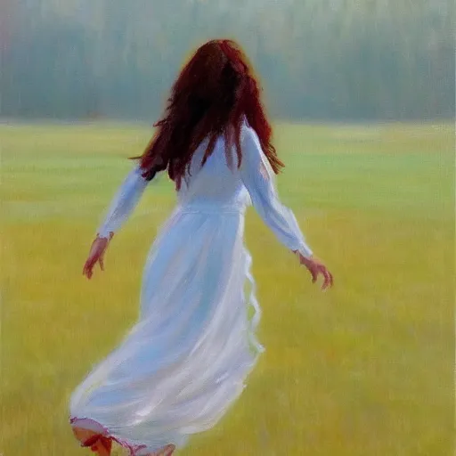 Prompt: an impressionist oil painting of girl with long hair in a white long dress running on the field in a foggy weather