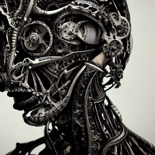 Prompt: a female model by stefan geselle and nekro borja, illustration, biomechanical, intricate details, hyper realistic, mechanical, dark beauty, photorealistic, by peter morbacher, canon r 3, photography, wide shot, photography, dark beauty, symmetrical features