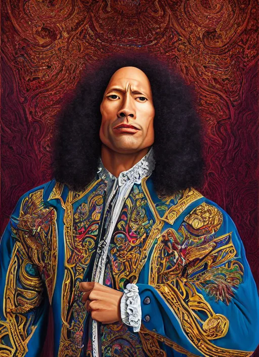 Image similar to beautiful oil painting, full length portrait of Dwayne the rock Johnson as Louis xiv in coronation robes 1701, Dan Mumford, Dan Mumford, Alex grey, Alex grey, lsd visuals, dmt fractal patterns, entheogen, psychedelic art, hallucinogen, highly detailed, ornate, vaporwave