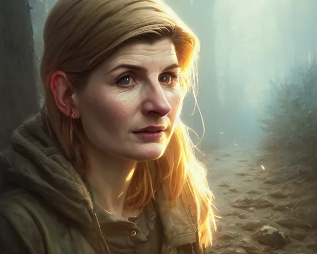 Image similar to highly detailed portrait of jodie whittaker, in the walking dead, stephen bliss, unreal engine, fantasy art by greg rutkowski, loish, rhads, ferdinand knab, makoto shinkai and lois van baarle, ilya kuvshinov, rossdraws, tom bagshaw, global illumination, radiant light, detailed and intricate environment