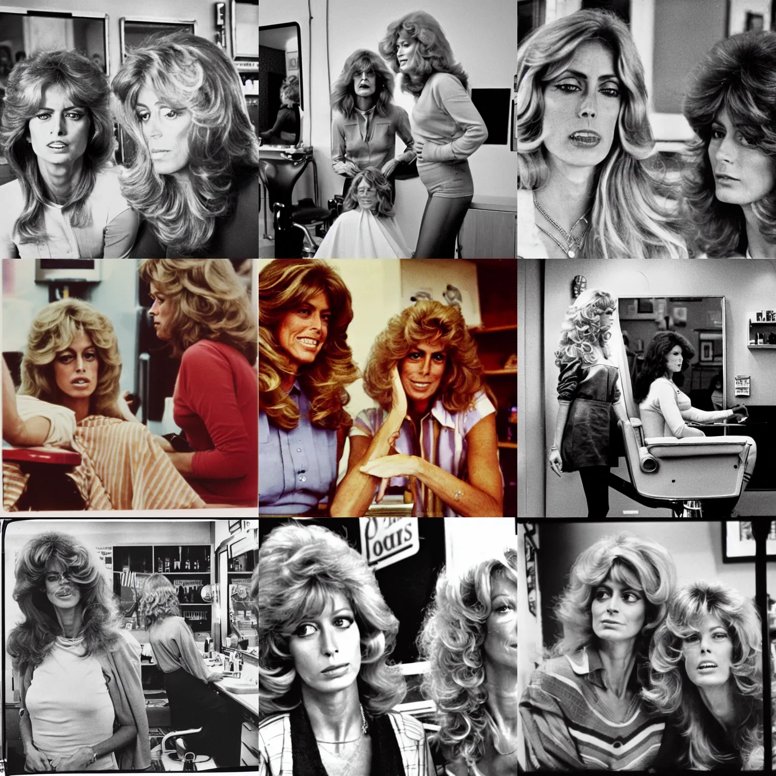 Prompt: an analog photo of a 1970s woman, sad, with horrible farrah fawcett in a barber shop