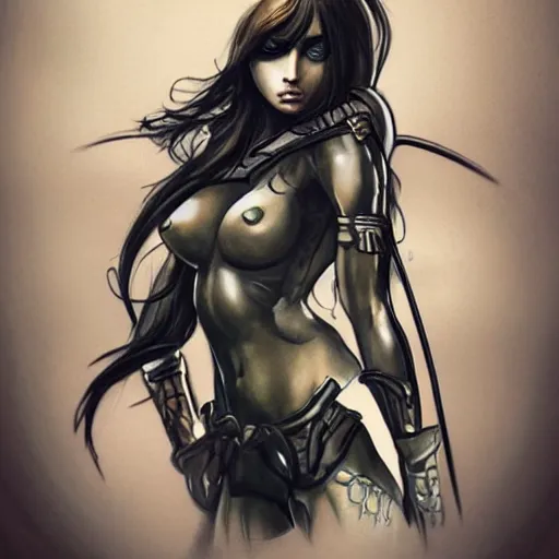 Prompt: tattoo design, a professional painting of a beautiful young female, partially clothed in battle armor, olive skin, long dark hair, beautiful bone structure, symmetrical facial features, intricate, elegant, digital painting, concept art, smooth, sharp focus, illustration, from Metal Gear, cat girl, anime