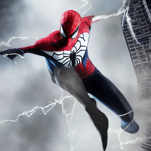 Image similar to white spider - man suit with black web lining, cinematic, volumetric lighting, realistic, hyperdetailed, photorealistic, photograph