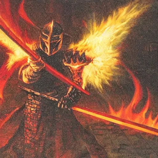 Prompt: photo of a hell knight with a flaming sword