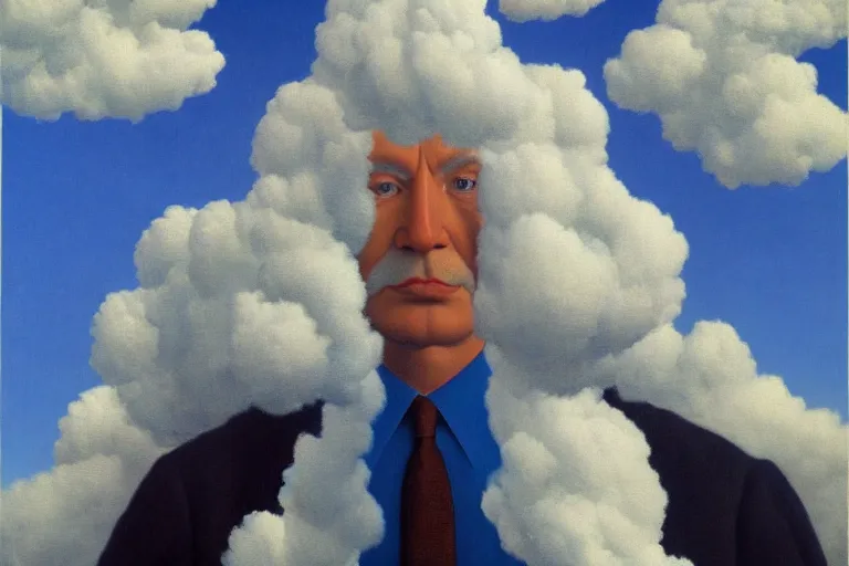 Image similar to portrait of cloud man by rene magritte, detailed painting, hd, hq, high resolution, high detail, 4 k, 8 k