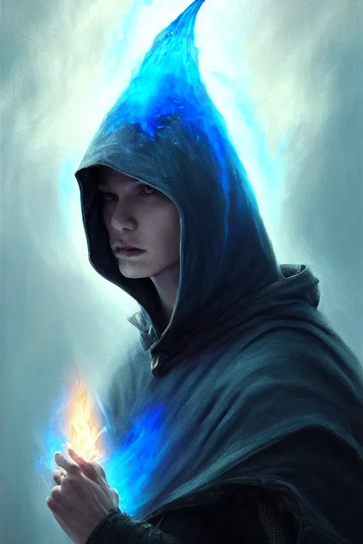 Image similar to Front portrait of a hooded mage hold a blue fire, full body, fine art, awesome fantasy book cover on Pinterest, award winning, dark fantasy landscape, fantasy magic, intricate, elegant, sharp focus, cinematic lighting, highly detailed, digital painting, concept art, art by WLOP and Artgerm and Greg Rutkowski, masterpiece, trending on artstation, 8K