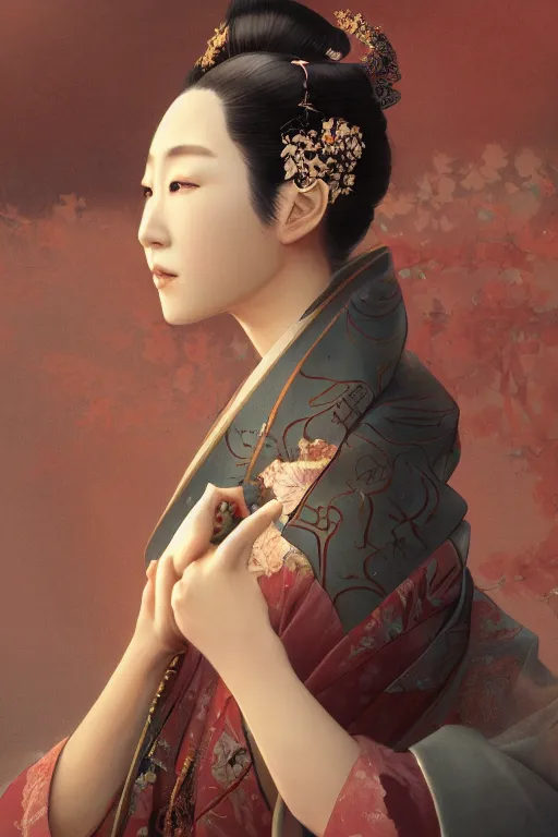 Image similar to Japanese princess, gorgeous, close-up portrait, intricate, elegant, volumetric lighting, scenery, digital painting, highly detailed, artstation, sharp focus, illustration, concept art, ruan jia, steve mccurry