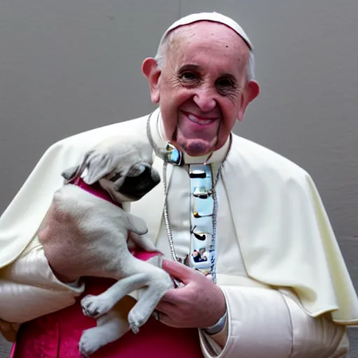 Prompt: 15mm wideshot photo of Pope holding a puppy