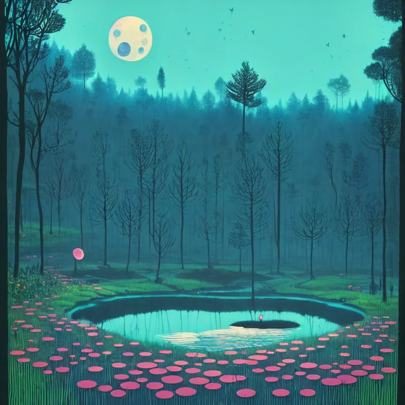 Image similar to ( ( ( gediminas pranckevicius ) ) ), a pond in the forest, moonlight, flower garden summer morning, very coherent and colorful high contrast art by simon stalenhag james gilleard floralpunk screen printing woodblock, dark shadows, pastel color, hard lighting