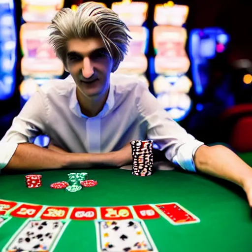 Image similar to closeup of handsome gigachad XQC gambling