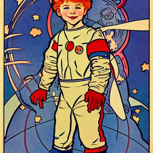 Image similar to a cute little boy with a mischievous face and short ginger hair. he is dressed as an astronaut. well composed, clean elegant painting, beautiful detailed face. comic book art by steve ditko and jack kirby and ( alphonse mucha )