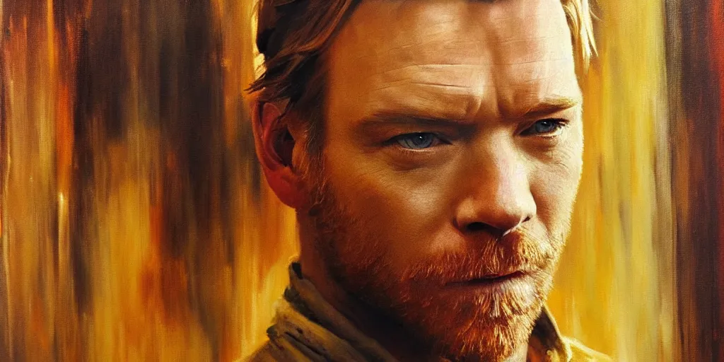 Image similar to we see ewan mcgregor from side. atmospheric feeling, warm colours, brown colours, yellow colours, epic scene, cinematic, very detailed, oil painting