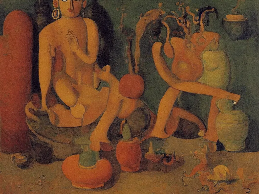 Image similar to Portrait of a Tantric deity with amphora. Lapis Lazuli, malachite, cinnabar. Painting by Balthus, Morandi