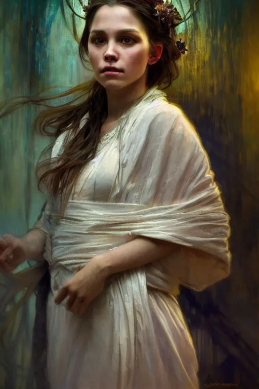 Image similar to hyperrealist portrait of a girl emperorit is decorated with long robes that fall like stars. by jeremy mann and alphonse mucha, fantasy art, photo realistic, dynamic lighting, artstation, poster, volumetric lighting, very detailed faces, 4 k, award winning