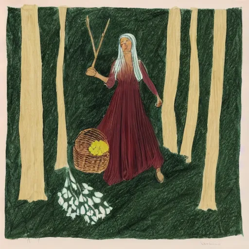 Image similar to ordered dark green by helio oiticica. a drawing of a vasilisa standing in the forest, surrounded by animals. she is holding a basket of flowers in one hand & a spindle in the other. gentle expression. in the background, the forest is dark & mysterious.