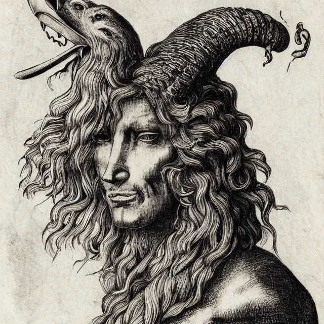 Image similar to human / eagle / lion / ox hybrid with two horns, one beak, mane and human body. drawn by da vinci