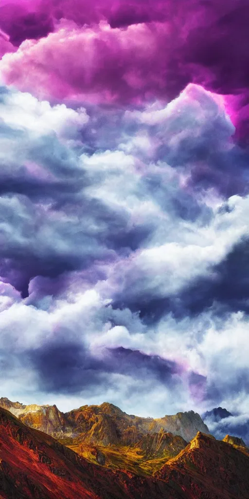 Image similar to high quality digital artwork of colorful purple red magical storm clouds around a tall mountain range