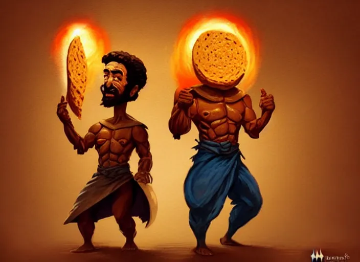 Image similar to two men made out of tortillas, their whole body is a tortilla, they are holding microphones, by marco bucci and frank frazetta, style of magic the gathering, high resolution, fantasy coloring, intricate, digital painting, artstation, smooth, sharp focus