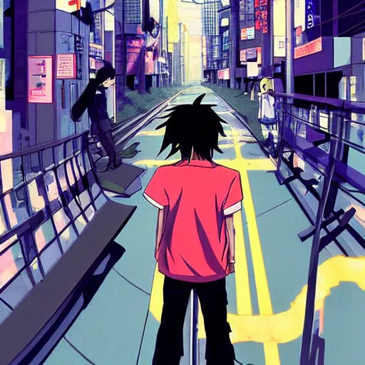 Prompt: twin japanese anime boys, short boys, long black hair, headphones, black clothes, rollerblades, cel - shading, 2 0 0 1 anime, flcl, jet set radio future, futuristic city, japanese city, colorful buildings, cel - shaded, strong shadows, vivid hues, y 2 k aesthetic, art by artgerm
