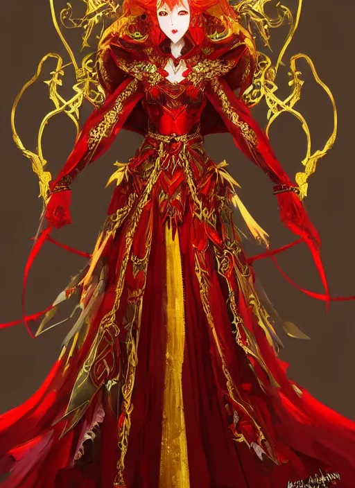 Image similar to Full body portrait of a beautiful red haired elven queen wearing red, green and gold ceremonial queen dress and elaborate golden crown. In style of Yoji Shinkawa and Hyung-tae Kim, trending on ArtStation, dark fantasy, great composition, concept art, highly detailed.