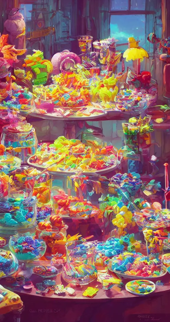 Prompt: A table full of candy, vibrant colors, optimistic colors, vivid, fun, by Studio Ghibli and Greg Rutkowski