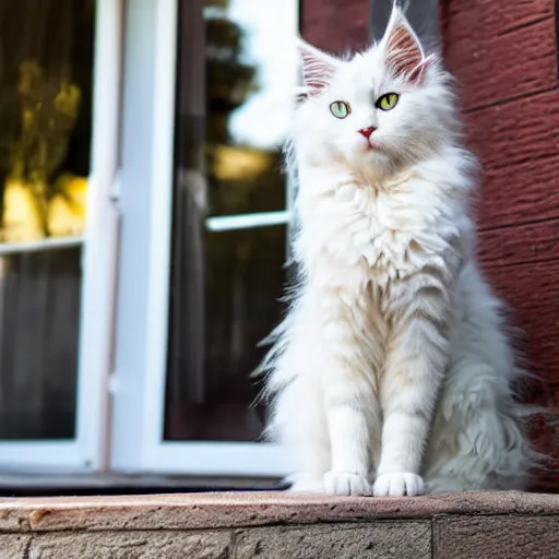 Image similar to a cute white fluffy maine coon cat sitting on the corner of a front yard outside in the late afternoon on a beautiful summer day, sunset
