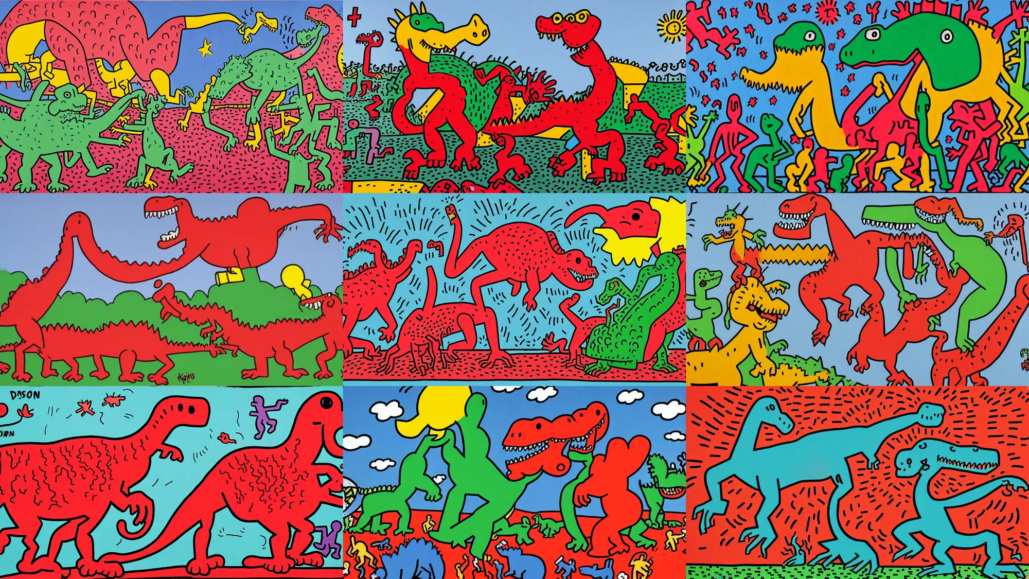Prompt: dinosaur at the county fair, by keith haring