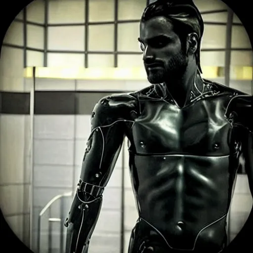 Image similar to “a realistic detailed photo of a guy who is an attractive humanoid who is half robot and half humanoid, who is a male android, Seth Rollins, shiny skin, posing like a statue, blank stare”