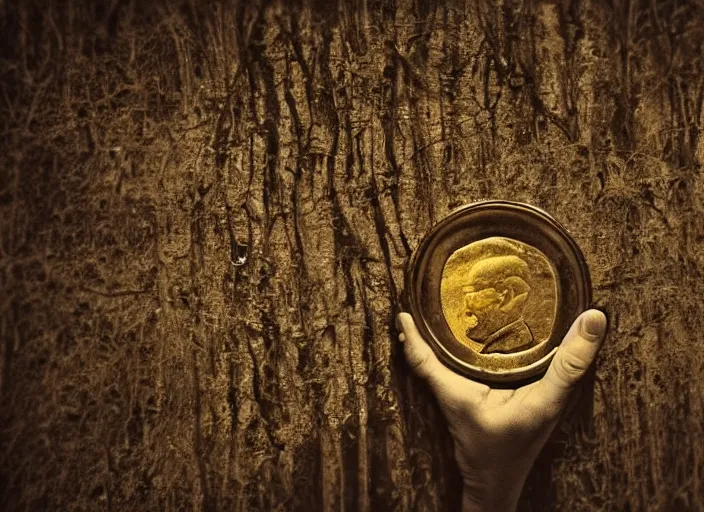 Prompt: old retro burnt out sepia photograph with scratches of an old and wrinkled man biting into a golden coin with his teeth. magical forest in the background with bokeh. Antique. High quality 8k. Intricate. Sony a7r iv 35mm. Award winning.