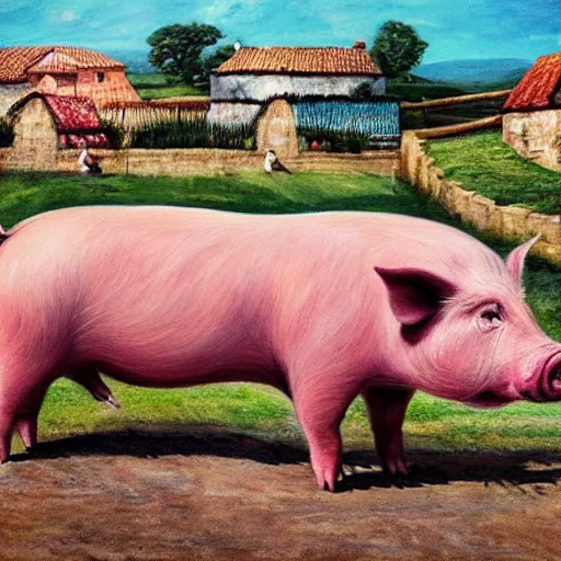 Image similar to giant pig painting walking through a village, surreal, photo realistic