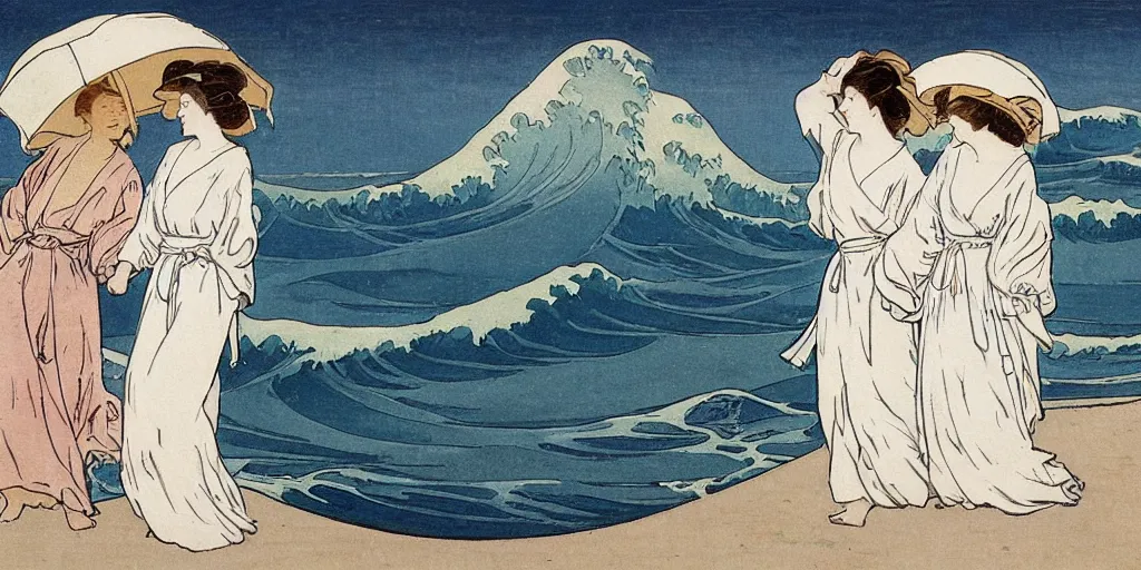 Prompt: two young edwardian women wearing white dresses hold hands on a beach in Sweden, in the style of Anders Zorn, waves in the style of the great wave off kanagawa by Hokusai