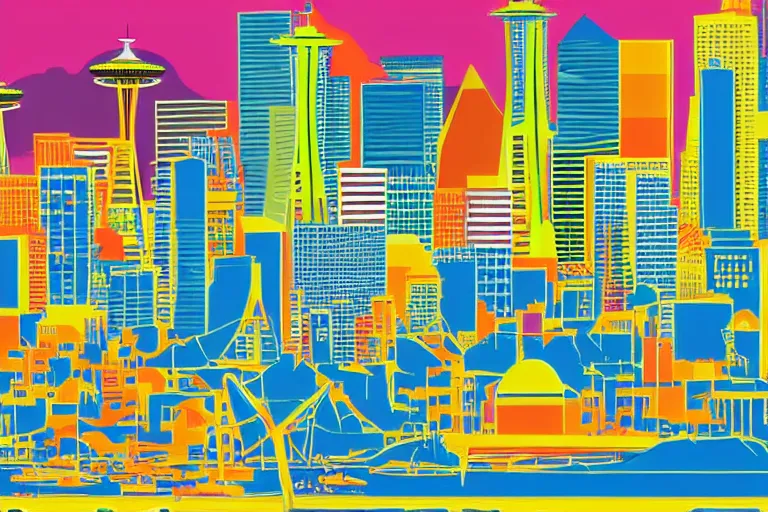 Image similar to !! vector art!! seattle in a sunny day, artwork by tooth wu, colorful contrast,!!!! very coherent!!!!, dark shadow, thick lineart