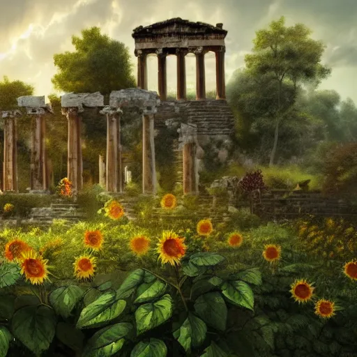 Image similar to beautiful highly detailed digital illustration of roses and sunflowers in front of a greek palace ruins in the forest. by Andreas Rocha, dramatic clouds, establishing shot, cinematic, architecture, artstation HQ, HD, 8k resolution, featured in art magazine, amazing depth, octane render, unreal engine 5