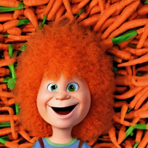 Image similar to carrot top with photorealistic carrot head!!!!, pixar character, stage background, pixar, 3 d,