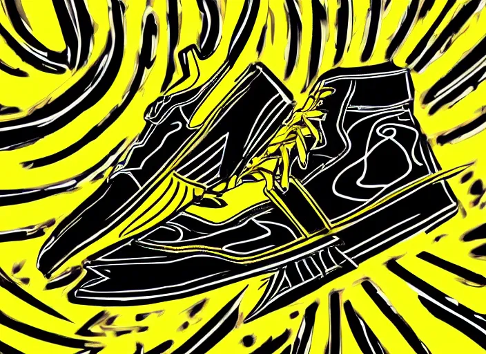 Image similar to glowing black sneaker, wth short golden lines, yellow details, symmetrical, highly detailed, digital art, sharp focus, trending on art station, samurai, electricity superpowers, anime art style