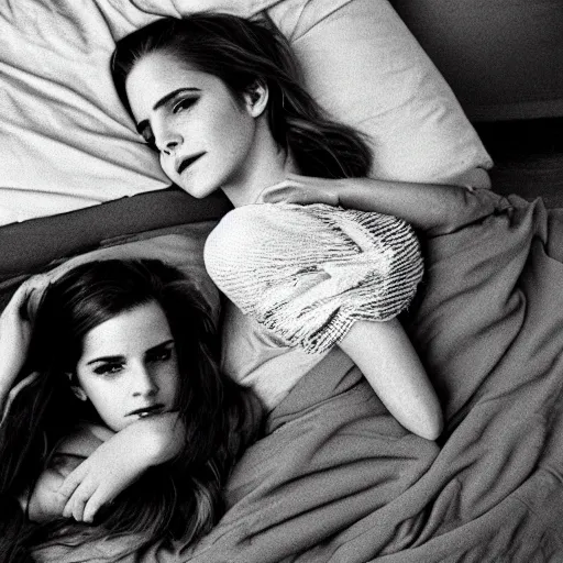 Image similar to emma watson and lana del ray photo in the style of sam haskins, on the bed