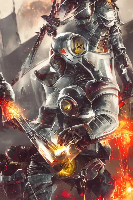 Image similar to Minions in knight armor with swords against golden sparks, black smoke, red lights, Anime, cyberpunk, gothic, dark fantasy, art, 4k,
