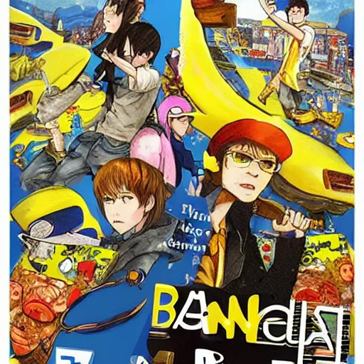 Image similar to The Banana Blue Gang, game poster printed on playstation 2 video game box , Artwork by Akihiko Yoshida, cinematic composition